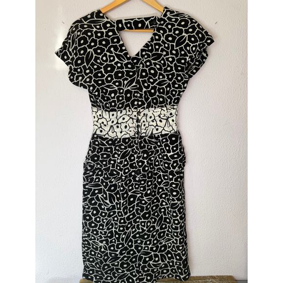 Vintage Jackie Bernard Dress Mid Length Floral Date Night Black White Womens 4 - Picture 5 of 12